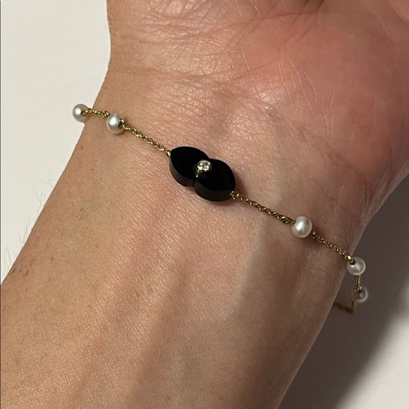 14K Gold + Black Onyx w/ double-sided Diamonds on stationed Pearl chain bracelet - Picture 14 of 14